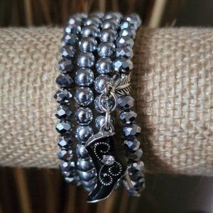 Silver Multi-Layer Elastic Wrist Wrap with Black Cowboy Boot Charm